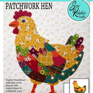 PATCHWORK HEN Fabric Collage Pattern, raw edge applique for art quilts