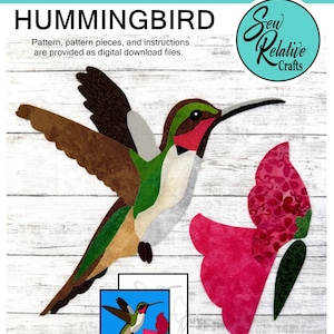 Digital nedladdning av tygkollage med kolibri, PDF-mönster