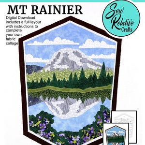 Może przedstawiać: Cyfrowy wzór do pobrania do stworzenia kolażu z tkaniny przedstawiającego Mount Rainier, górę ze szczytem pokrytym śniegiem, odbijającą się w jeziorze. Wzór zawiera pełny układ i instrukcje do ukończenia kolażu. Gotowy kolaż ma wymiary 17,8 cm x 24,1 cm.