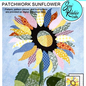 Pode incluir: Um padrão de colagem de tecido para download digital com um design de girassol em patchwork. A imagem mostra um girassol colorido com pétalas em vários padrões e cores, incluindo amarelo, azul e laranja. O padrão mede 28 x 36 cm e inclui instruções.