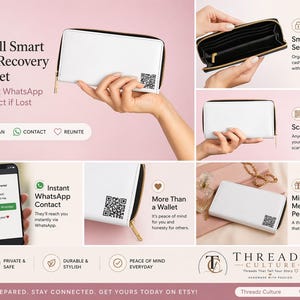 Puede incluir: Una cartera blanca inteligente con código QR y cremallera negra. Diseñada para contactar instantáneamente al propietario en caso de pérdida. El texto en la cartera dice "Small Smart QR Recovery Wallet".