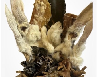 Caja de 30 masticables naturales para perros: variedad mixta de patas de pollo, patas de pollo infladas, orejas de vaca, tráquea, palitos de carne, cuellos de pollo y mucho más.