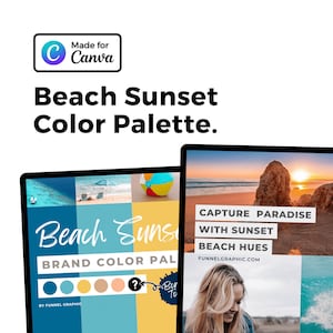May include: A digital mockup of a beach sunset colour palette with a collage of beach photos and the text "Beach Sunset Brand Colour Pal" and "Capture Paradise with Sunset Beach Hues".