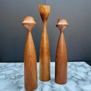 Trio of Teak Candlesticks | Vintage Mid Century Danish Modern Candle Holders | Sculptural Wood Candle Holders | 1960s Scandinavian Decor
