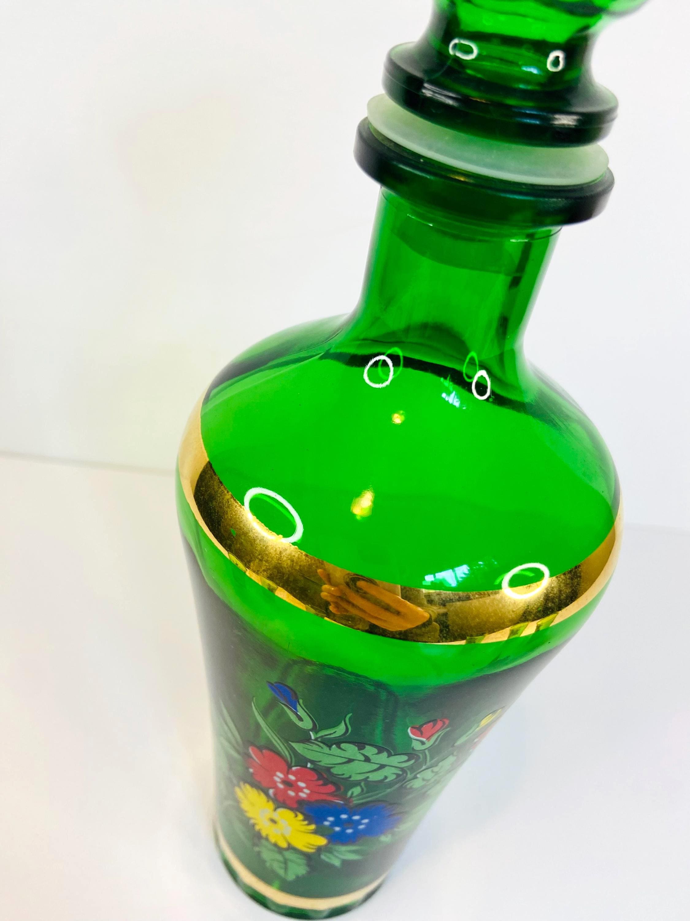 Vintage Green Glass Decanter Set: Hand-painted Floral, Gold Rim
