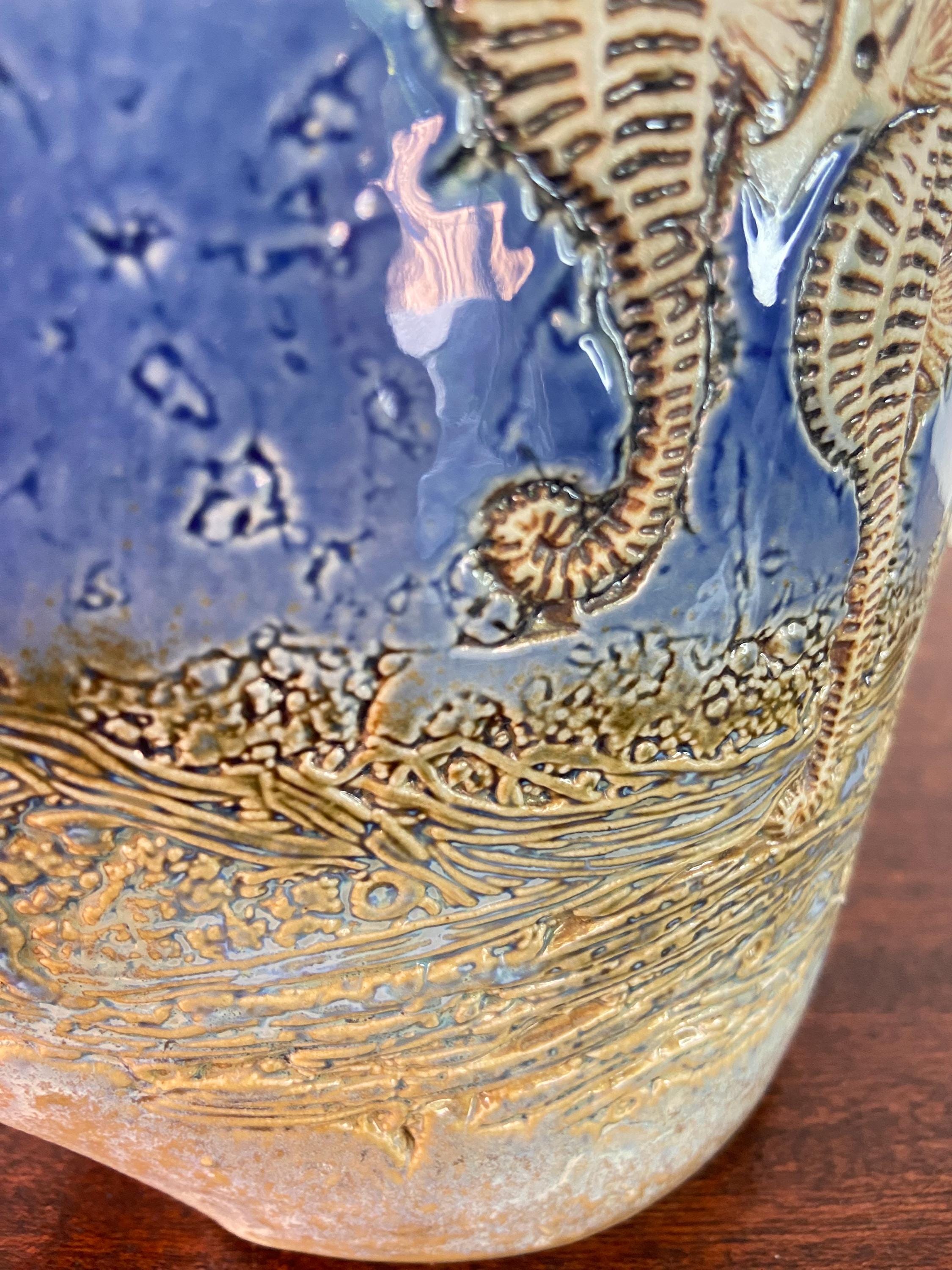 Vintage Malaysian Tenmoku Pottery Seahorse Vase | Textured Relief