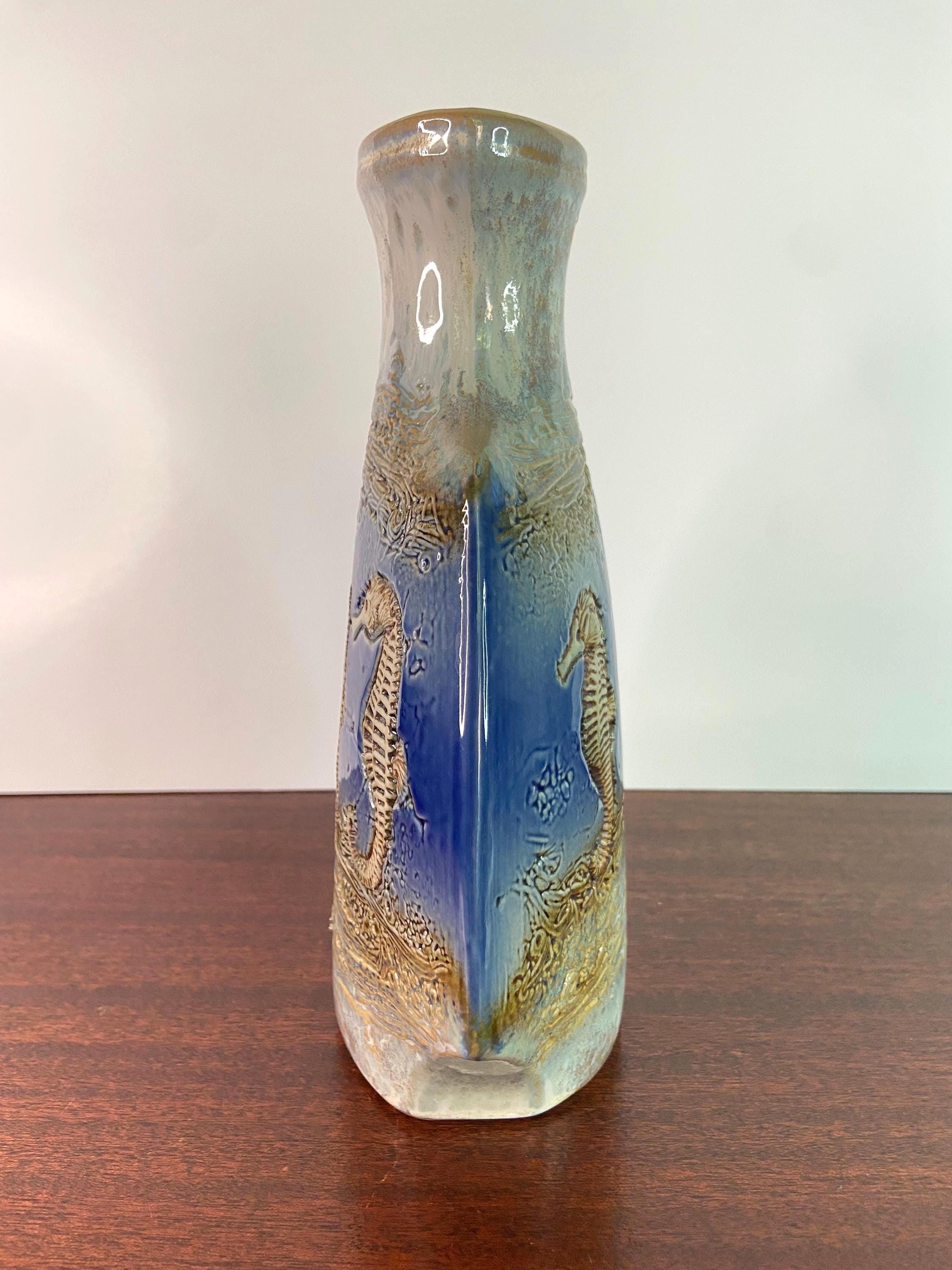Vintage Malaysian Tenmoku Pottery Seahorse Vase | Textured Relief
