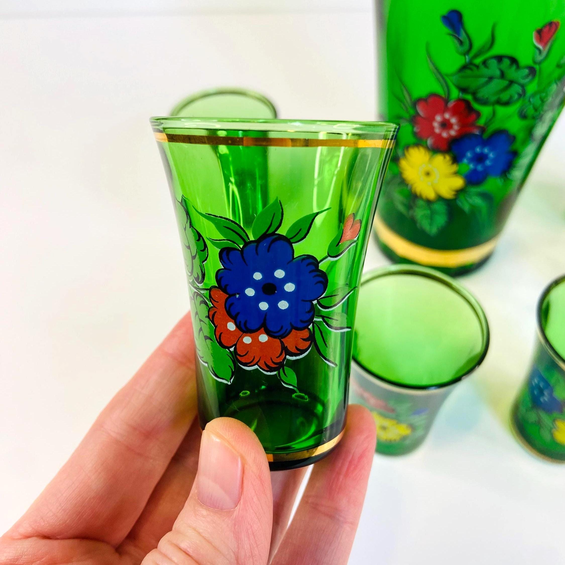 Vintage Green Glass Decanter Set: Hand-painted Floral, Gold Rim