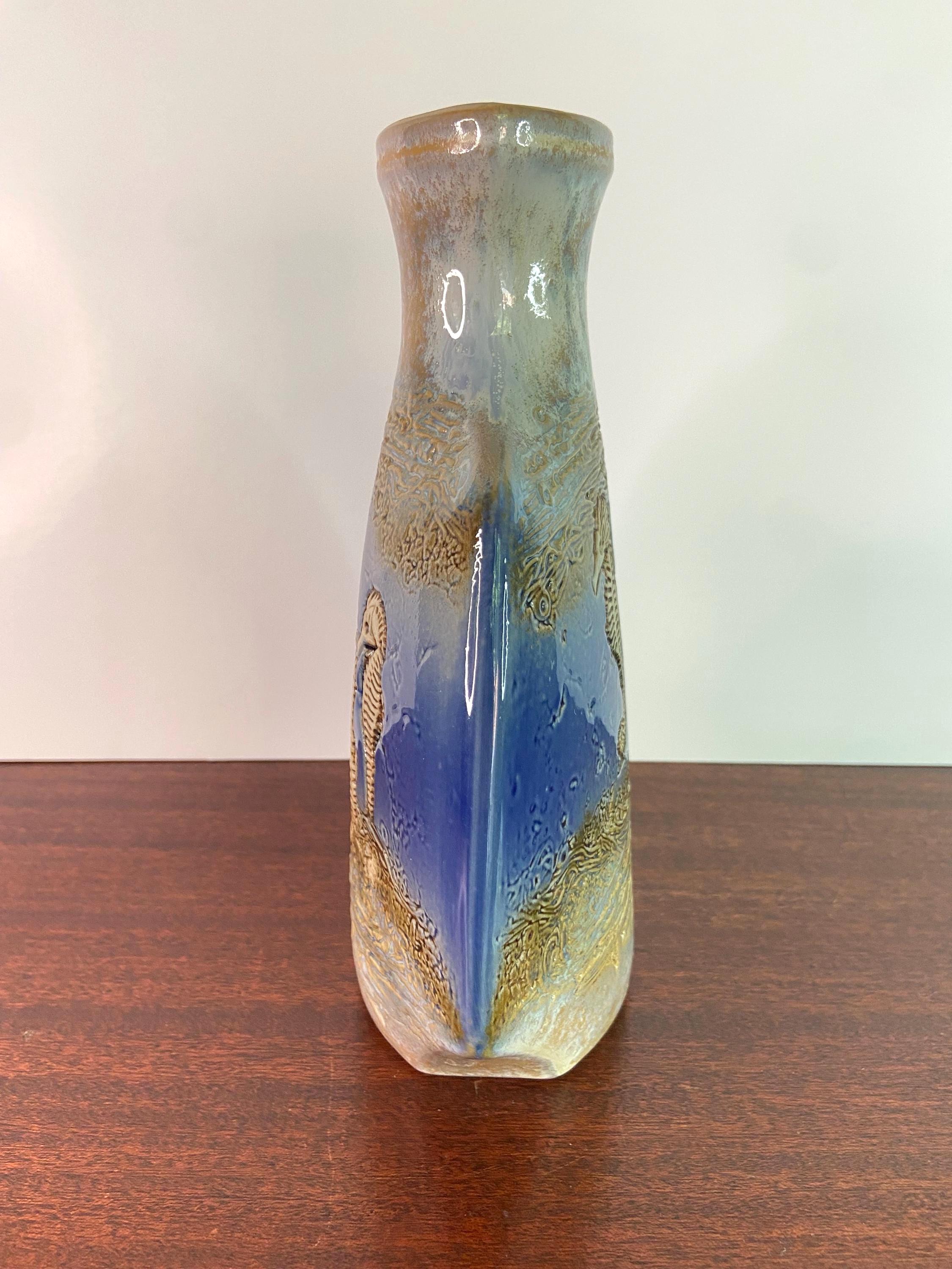 Vintage Malaysian Tenmoku Pottery Seahorse Vase | Textured Relief