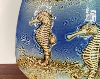 Vintage Malaysian Tenmoku Pottery Seahorse Vase | Textured Relief