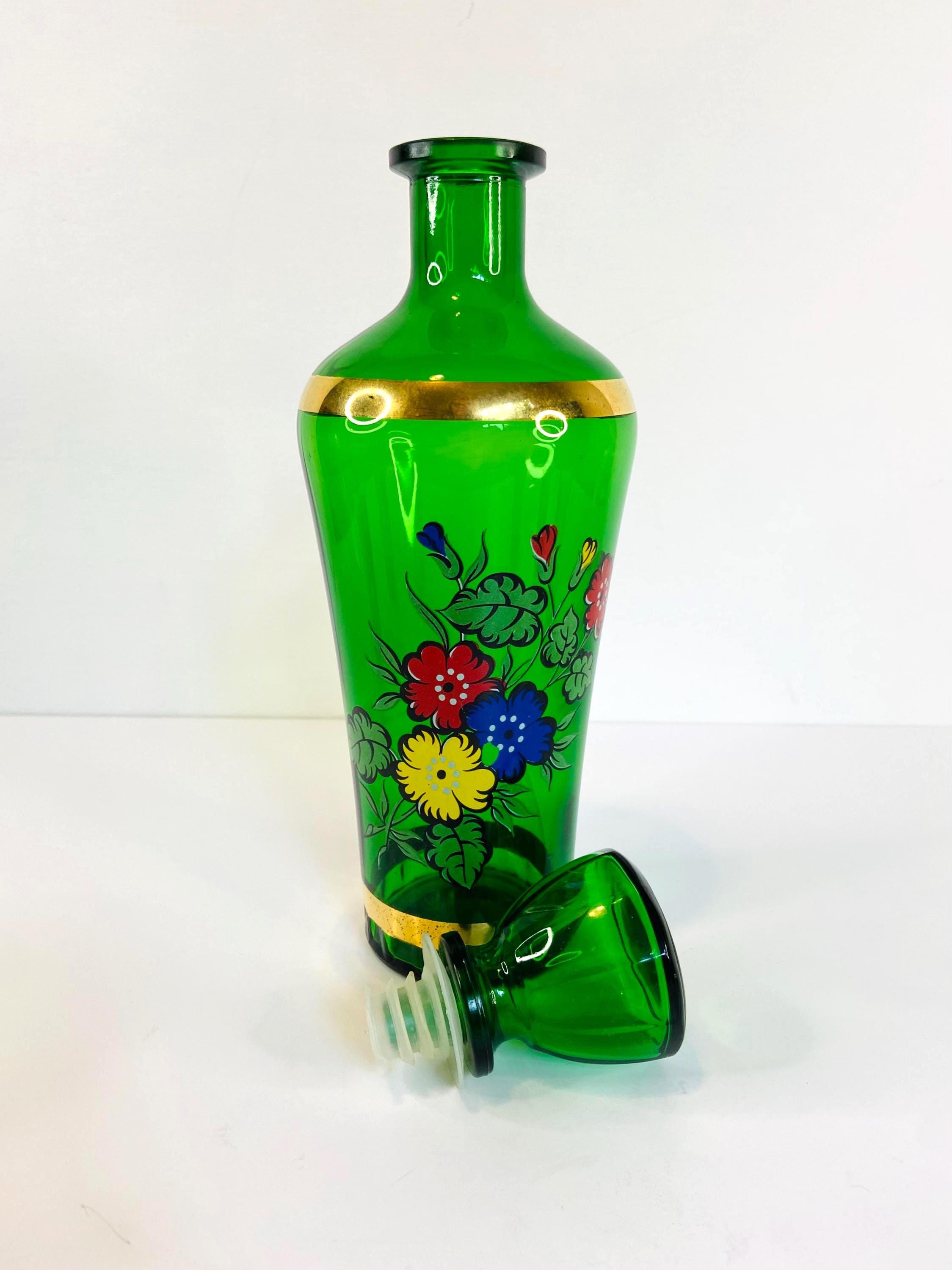 Vintage Green Glass Decanter Set: Hand-painted Floral, Gold Rim