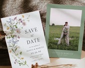 Wildflower Wedding Save The Date Invitation Template, Printable Boho Pastel Floral Save The Date Invite, Green and Pink, Save Our Date Cards
