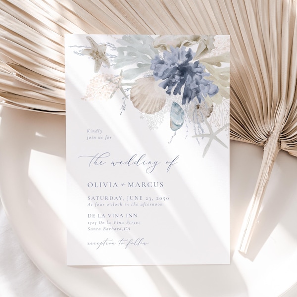 Strand Hochzeit Einladungsvorlage, Küsten Hochzeit einladen, druckbare Hochzeitseinladung Muschel, Boho Aqua Einladen, Sommer, Koralle