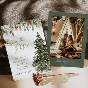 Modèle d'invitation à réserver une date pour mariage arbre de lumière de Noël, mariage de Noël bohème imprimable, mariage d'hiver de vacances, cartes de réservation de date