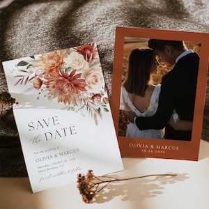 Terracotta Dahlia Wedding Save The Date Invitation Template, Burnt Orange Rose Floral Wedding, Printable Boho Save The Date Cards