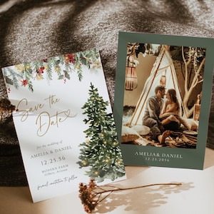 Modèle d'invitation à réserver une date pour mariage arbre de lumière de Noël, mariage de Noël bohème imprimable, mariage d'hiver de vacances, cartes de réservation de date