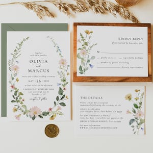 Boho Wildflower Wedding Invitation Set Template, Printable Pastel Wildflower Invite Suite, Whimsical Floral Wreath RSVP Card, Details Card