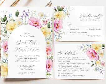 May include: Wedding invitation suite featuring floral watercolor designs in pink, yellow, and blue. The invitation includes the names Sarah Taylor and Marcus Johnson, along with event details. RSVP and details cards complete the set.