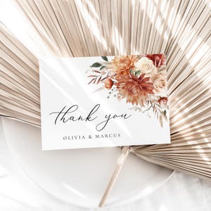 Modelo de cartão de agradecimento para casamento com dália terracota, cartão de agradecimento para impressão, cartão de agradecimento estilo boho, laranja queimado, download instantâneo