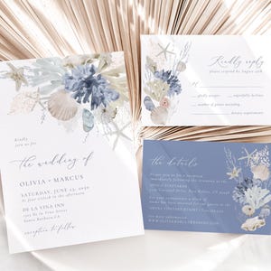 Plantilla de invitación para boda en la playa, conjunto de invitaciones para boda costera, invitación imprimible para boda con conchas marinas, tarjeta RSVP bohemia, tarjeta con detalles en azul agua