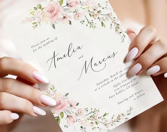 Puede incluir: Una invitación de boda con los nombres "Amelia y Marcus" en una elegante escritura. La invitación está adornada con un diseño floral en tonos rosa y verde suaves. El texto incluye la fecha, hora y lugar de la boda.