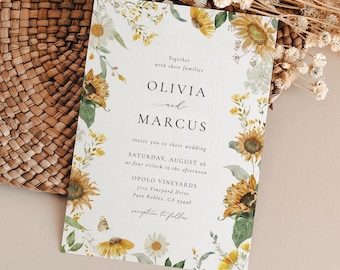May include: A wedding invitation with a sunflower and floral design. The invitation reads "Together with their families Olivia and Marcus invite you to their wedding Saturday, August 26 at four o'clock in the afternoon Opolo Vineyards 7110 Vineyard Drive Paso Robles, CA 93446 reception to follow"