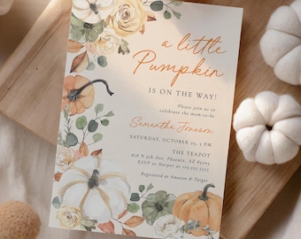 Pumpkin Floral Baby Shower Invitation Template, A Little Pumpkin Invitation, Fall Baby Shower Invite, Printable Invitation, Instant Download