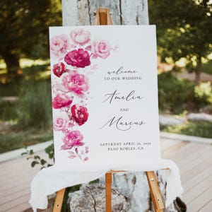 Magenta Floral Wedding Welcome Sign Template, Printable Hot Pink Rose Wedding Welcome Signage, Boho Fuchsia Welcome Sign, Reception Poster