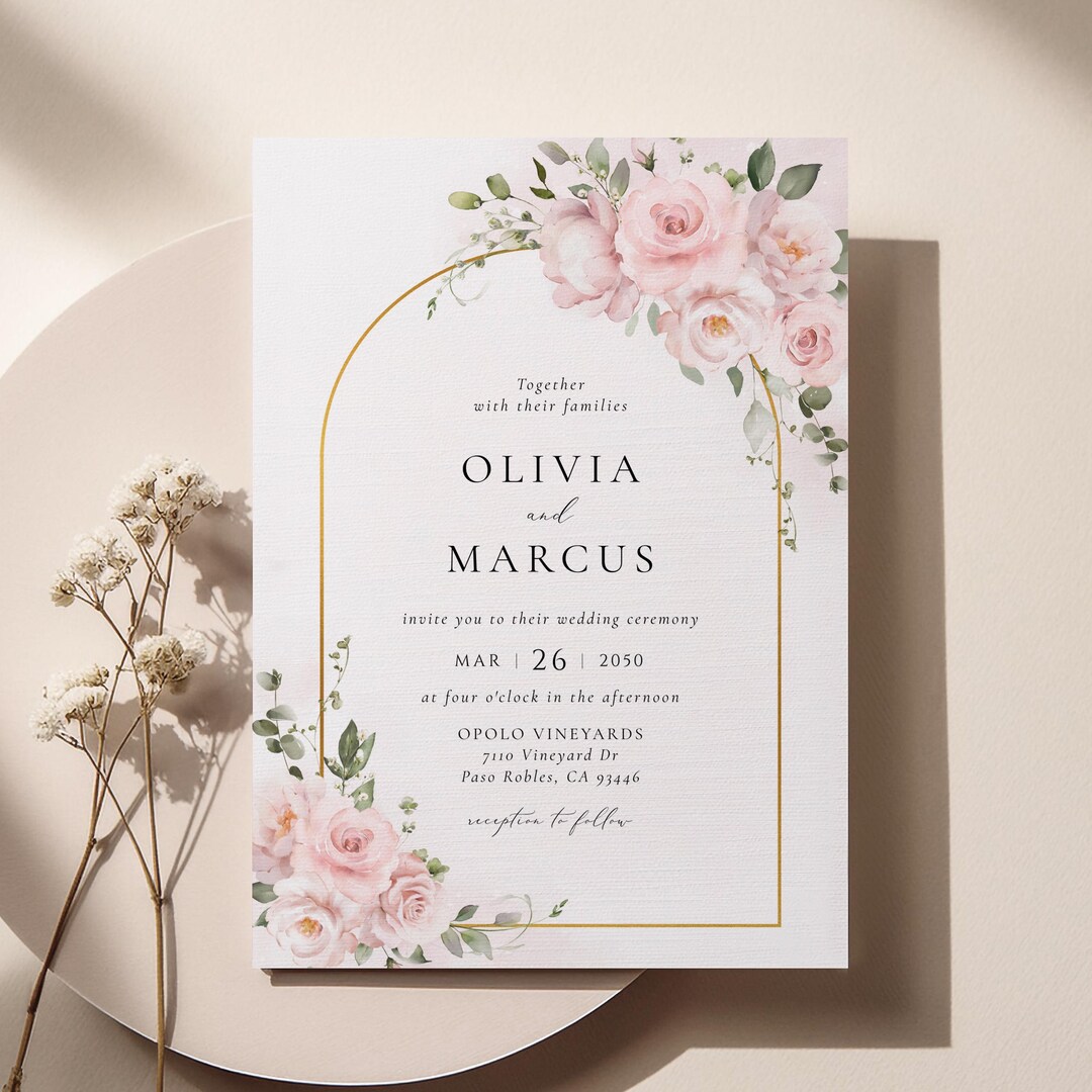 Invit Rose Blush Pink Rose Wedding Invitation, Boho Light Pink Sage Elegant ...