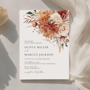 Terrakotta Dahlie Rose Hochzeitseinladung, Erde Blumen Hochzeit einladen, printable Boho Hochzeitseinladung, gebranntes Orange, sofortiger Download