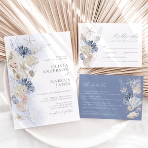 Plantilla de invitación de boda costera, conjunto de invitaciones para boda en la playa, invitación imprimible de boda con conchas marinas, tarjeta RSVP bohemia, tarjeta con detalles en azul agua