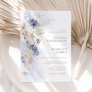 Plantilla de invitación de boda costera, invitación de boda playera, invitación de boda imprimible con conchas marinas, invitación bohemia aguamarina, verano, coral