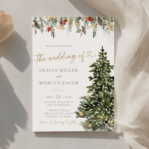 Peut inclure: Une invitation de mariage avec un sapin de Noël à l'aquarelle et de la verdure festive. Le texte indique "The wedding of Olivia Miller and Marcus Jacob" avec la date du 25 décembre 2056 et l'adresse du lieu. L'invitation est décorée d'accents dorés.