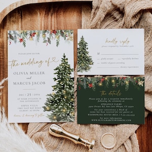 Modèle de jeu de faire-part de mariage arbre lumineux de Noël, suite d'invitation de mariage bohème imprimable, mariage de vacances, carte RSVP, carte de détails
