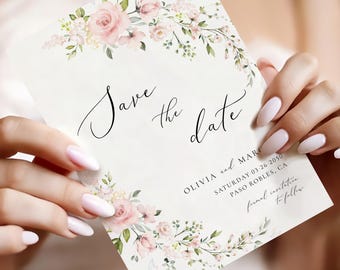 Blush Pink Rose Wedding Save The Date Invitation Template, Printable Boho Pink Sage Elegant Wedding Save The Date, Floral Save Our Date Card