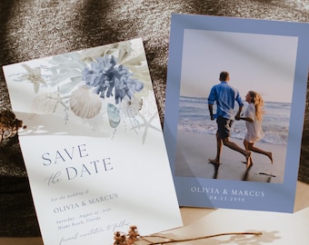 Plantilla de invitación para guardar la fecha para boda en la playa, boda costera, invitación imprimible de estilo bohemio azul agua, tarjetas para guardar la fecha para boda en el océano