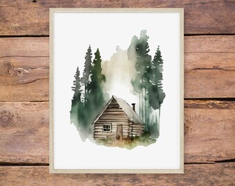 Log Cabin Forest Watercolor Print - Digital Download, Rustic Mountain Scene, Pine Trees, Outdoors, Printable Wall Art