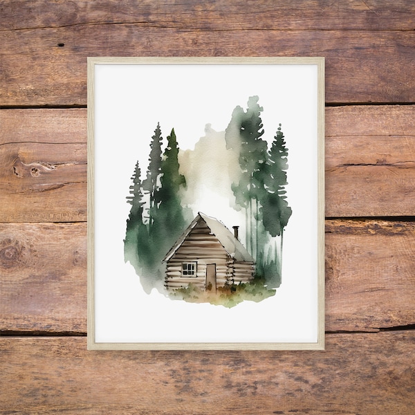 Log Cabin Forest Watercolor Print - Digital Download, Rustic Mountain Scene, Pine Trees, Outdoors, Printable Wall Art