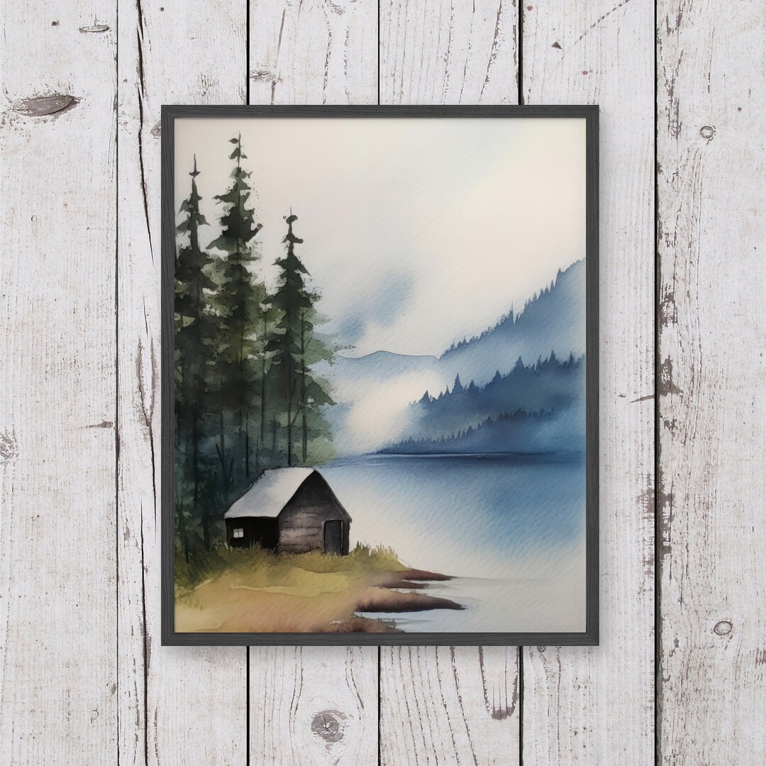 Lake Cabin Watercolor Print - Digital Download, Printable Wall Art ...