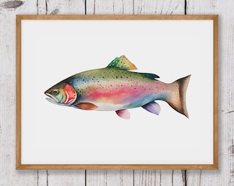 Rainbow Trout Watercolor Print - Digital Download, Printable Wall Art, Digital Art, Fishing, Lake Life, Father's Day Gift