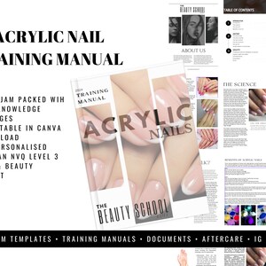 May include: A training manual for acrylic nails, titled "Acrylic Nails Training Manual" with a cover image of hands with acrylic nails. The manual is 97 pages long and includes bonus pages, is fully editable in Canva, and can be personalized. It was made by an NVQ Level 3 trainer and beauty specialist.