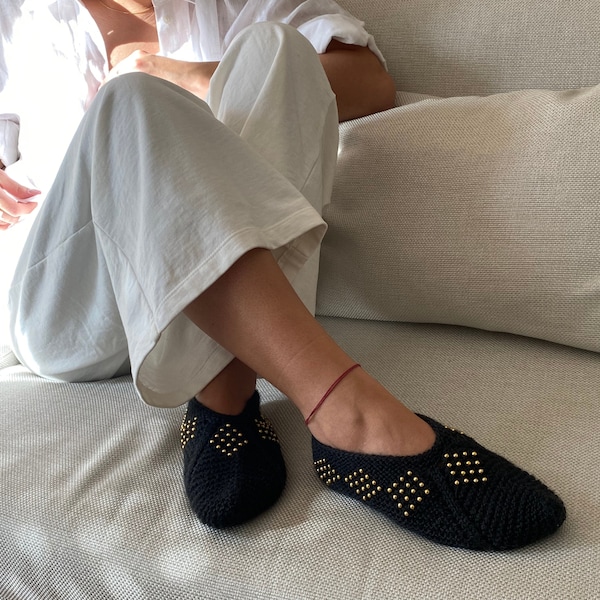 Gold Bead Embroidered Black Wool Slipper Socks, Comfy Warming House Socks for Women US6-8, Unique Gift for Her