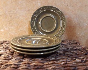 Homer Laughlin Sheffield Granada avocado green, saucer, appetizer, dessert plates. Set of 4