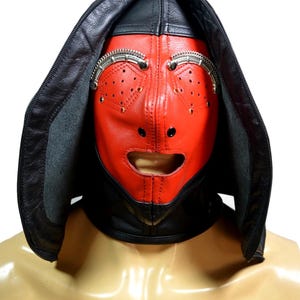 Red & Black Leather Gimp Hood with Zippered Cover  Full Leather Head Mask with Muzzle Adjustable Lace-Up, Heavy Leather
