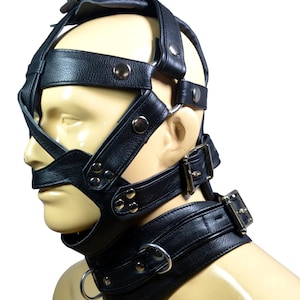 Leather muzzle head harness adjustable Leather Face Hood Black
