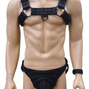 Black Leather Chest Harness and Jockstrap Set – Adjustable  Gear with D-Rings & Buckle Closure – Handmade