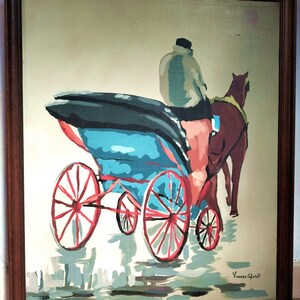 May include: A vintage painting of a horse-drawn carriage with a person in the carriage. The carriage is blue and black with red wheels. The horse is brown and the person is wearing a brown jacket. The painting is signed "Virman Gazoli" in the bottom right corner.
