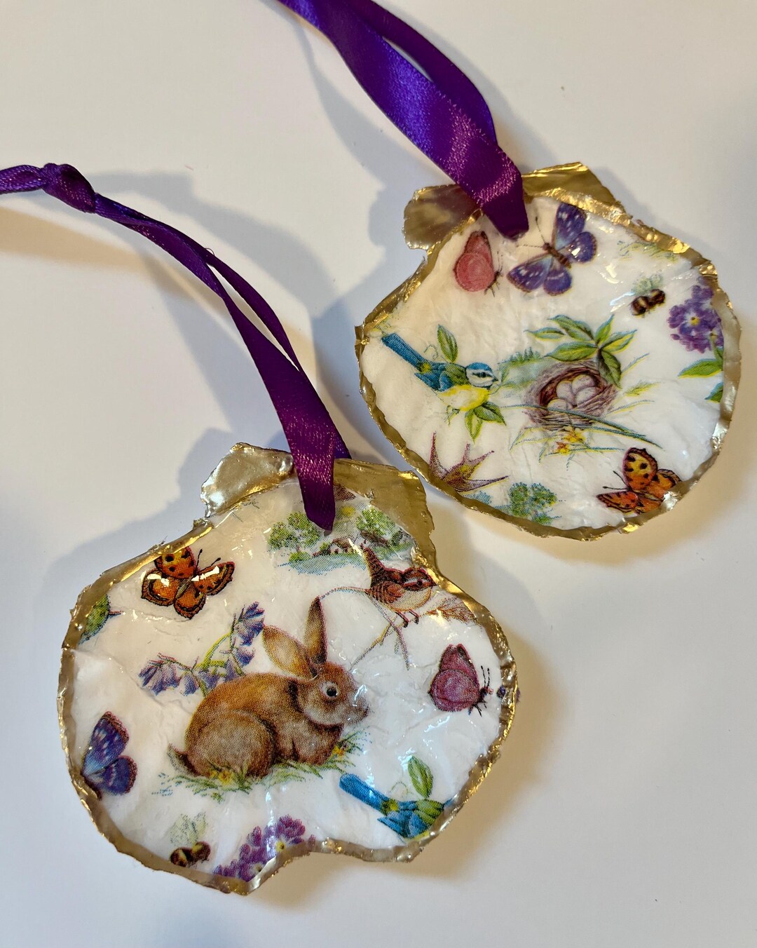 Easter Seashells Pair of Scallop Seashell Decoupage Easter Bunny Easter Ornaments Gift ...