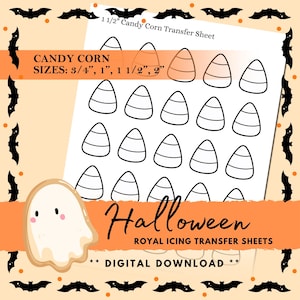 Puede incluir: Una hoja de descarga digital con temática de Halloween con diseños de caramelos de maíz en varios tamaños: 1,9 cm, 2,5 cm, 3,8 cm y 5,1 cm. La hoja también incluye el texto "Halloween Royal Icing Transfer Sheets" y "Digital Download".