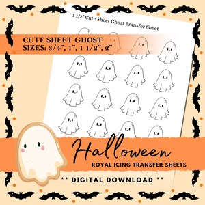 May include: A sheet of white ghost-shaped transfers for Halloween. The sheet includes various sizes: 3/4", 1", 1 1/2", and 2". The design features cute ghost illustrations with black eyes and a smiling mouth. The text "Halloween" and "Royal Icing Transfer Sheets" are also visible.